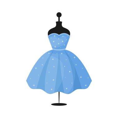 Bir mankenin üzerinde güzel, mavi, Voluminous bir elbise. Sembol bir simge, logo ya da dizayn ögesi olarak kullanılabilir. Vektör illüstrasyonu.
