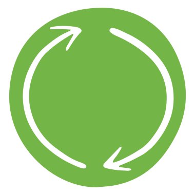 El çizimi geri dönüşüm işareti. Yeşil çemberdeki beyaz oklar. Doodle tarzında vektör illüstrasyonu. EPS 10.