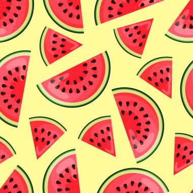 Sarı zemin üzerinde karpuz parçaları olan pürüzsüz bir doku. Sonsuz bir düzen. Vektör çizimi. EPS 10.