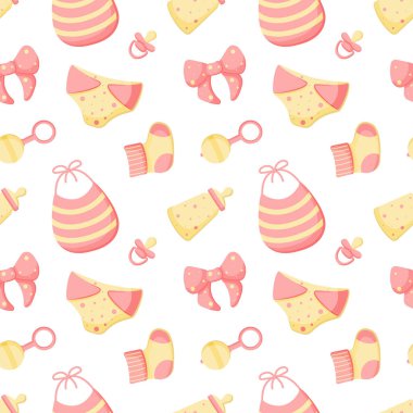 Bez, önlük, çıngırak, kukla, şişe, çorap, fiyonk gibi soyut özgeçmişi olan vektör. Renkli sonsuz desen. Çocuklar için harika bir tasarım kağıt, kart, duvar kağıdı, afiş, kumaş iç mimari EPS 10