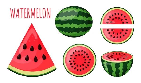 Set Wassermelonen Scheibe Wassermelone Auf Weißem Hintergrund Vektorillustration Eps — Stockvektor