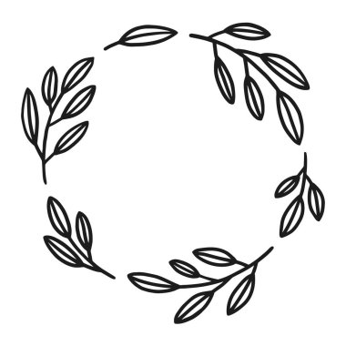 El çizimi çiçek çelengi. Yuvarlak çerçeve. Davetiyeler, tebrik kartları, alıntılar, düğün tasarımı için iyi. Vektör illüstrasyonu beyaz arkaplanda izole edildi.