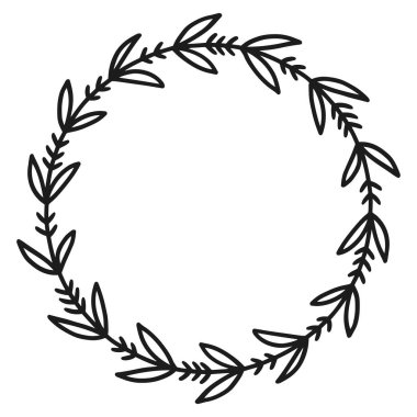 El çizimi çiçek çelengi. Yuvarlak çerçeve. Davetiyeler, tebrik kartları, alıntılar, düğün tasarımı için iyi. Vektör illüstrasyonu beyaz arkaplanda izole edildi.