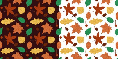 Sonbahar yapraklarıyla kusursuz desen. Sonsuz baskı. Vektör çizimi. Basit el çizimi ögeler.