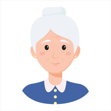 Yaşlı kadın, büyükanne yüzü. Emekli avatar, yaşlı kadın. Vektör illüstrasyonu beyaz arkaplanda izole edildi.