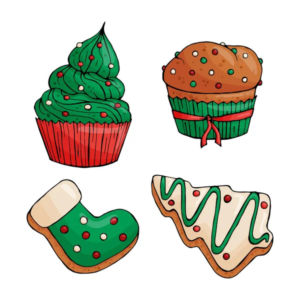 Met de hand getrokken kerst woestijnen geïsoleerd op witte achtergrond. Nieuwjaar peperkoek, gebak. Vectorillustratie. — Stockvector