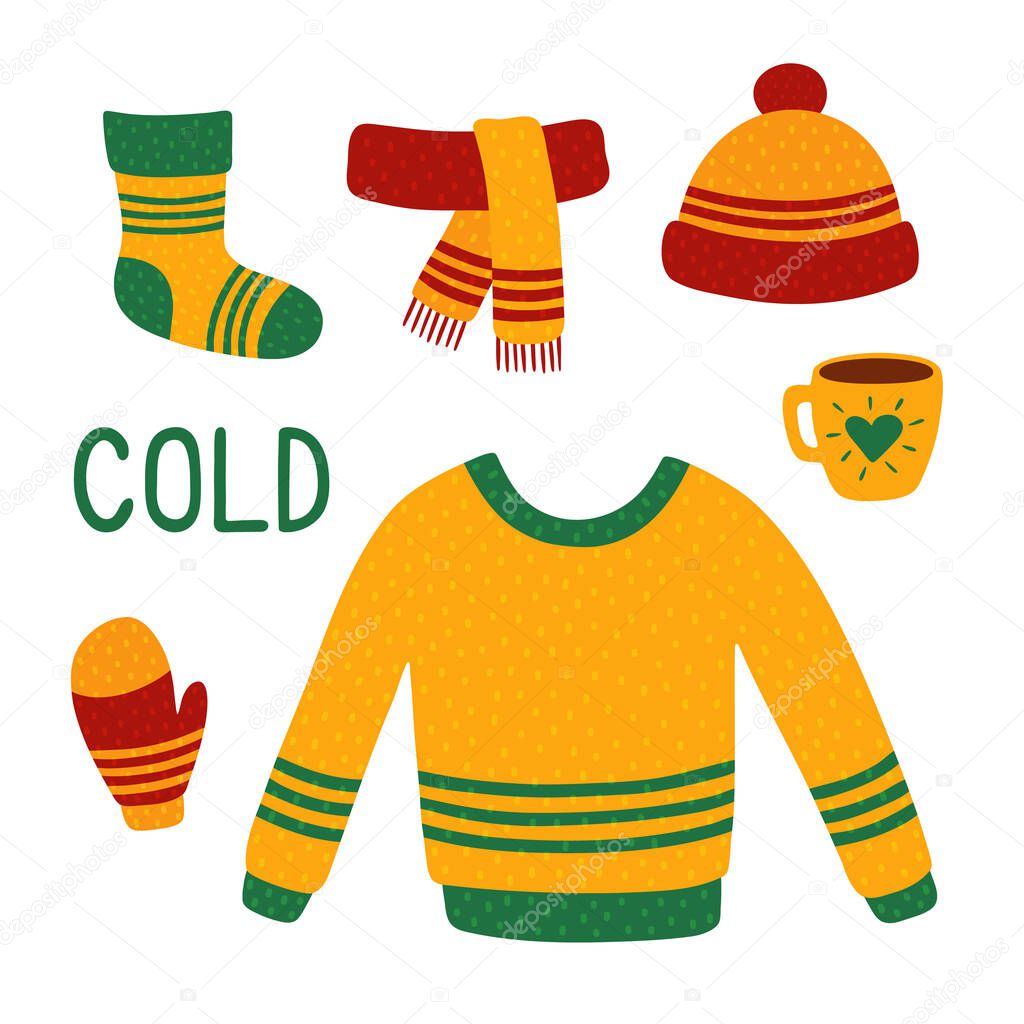 Cute warm autumn clothes. Sweater, hat, scarf, mittens, socks, coffee mug. Cozy set. Vector illustration. Elements on a white background EPS 10