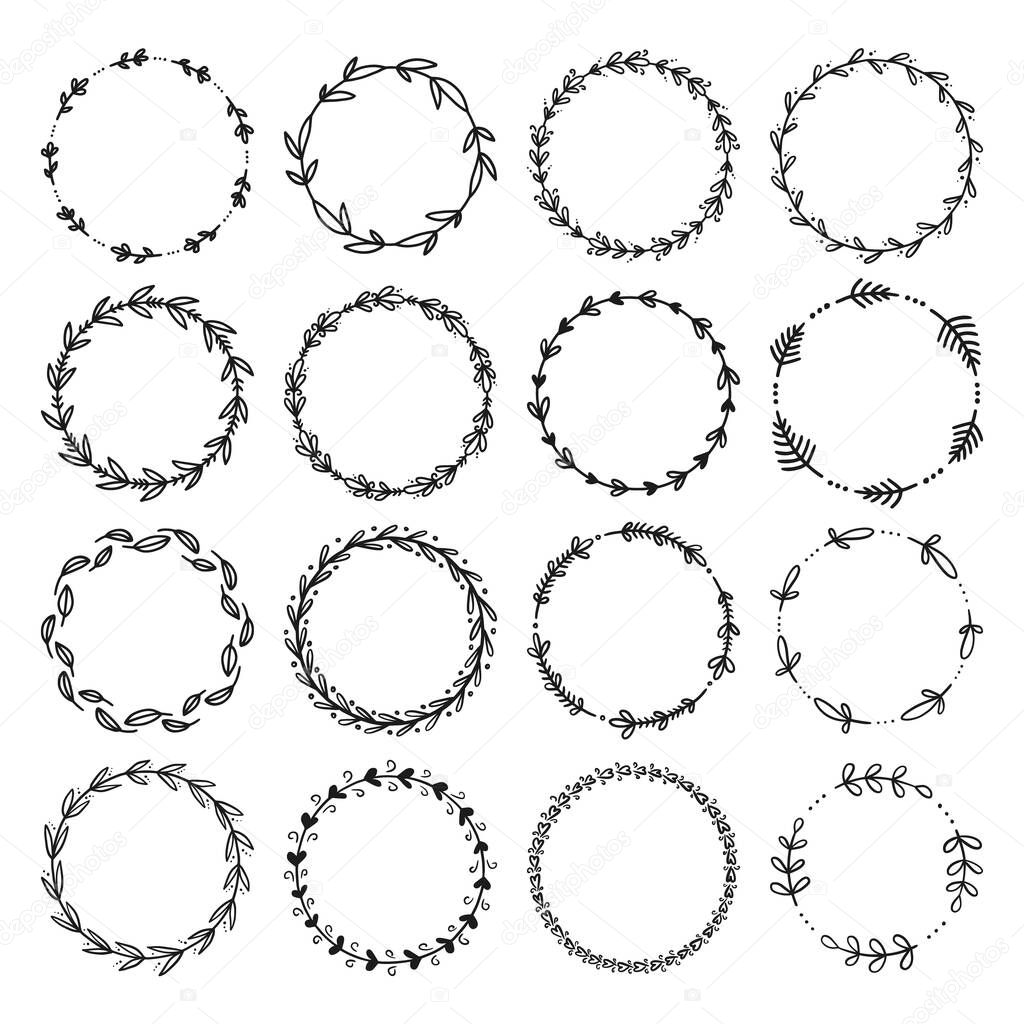 Set of hand drawn floral wreaths. Round frames. Good for invitation, greeting cards, quotes, wedding design. Vector illustration isolated on white background.