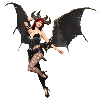 3 boyutlu dişi fantezi succubus, uzun kızıl saçlı ve şeffaf arkaplanda yarasa kanatları var.