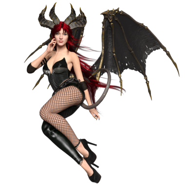 3 boyutlu dişi fantezi succubus, uzun kızıl saçlı ve şeffaf arkaplanda yarasa kanatları var.