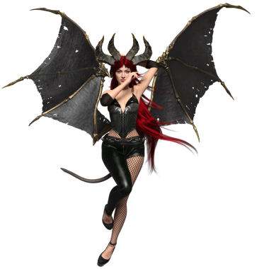 3 boyutlu dişi fantezi succubus, uzun kızıl saçlı ve şeffaf arkaplanda yarasa kanatları var.