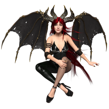 3 boyutlu dişi fantezi succubus, uzun kızıl saçlı ve şeffaf arkaplanda yarasa kanatları var.