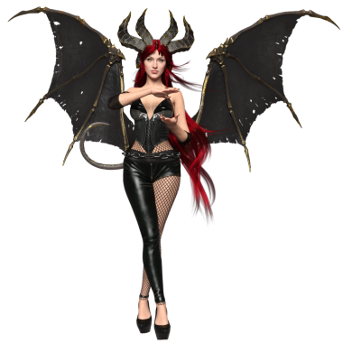 3 boyutlu dişi fantezi succubus, uzun kızıl saçlı ve şeffaf arkaplanda yarasa kanatları var.