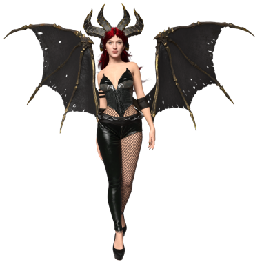3 boyutlu dişi fantezi succubus, uzun kızıl saçlı ve şeffaf arkaplanda yarasa kanatları var.