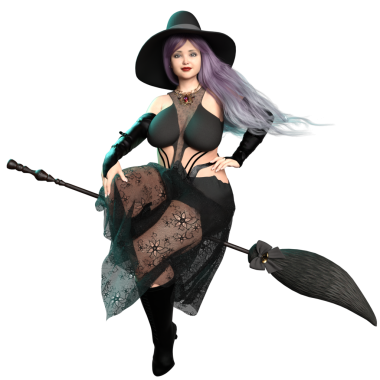 3 boyutlu güzel kavisli gotik cadı mor uzun saçlı ve şeffaf arkaplanda izole edilmiş bir şapka.