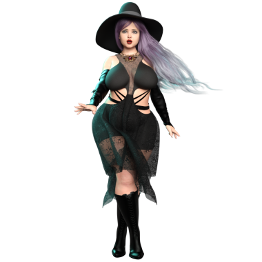 3 boyutlu güzel kavisli gotik cadı mor uzun saçlı ve şeffaf arkaplanda izole edilmiş bir şapka.