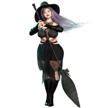 3 boyutlu güzel kavisli gotik cadı mor uzun saçlı ve şeffaf arkaplanda izole edilmiş bir şapka.