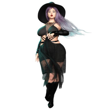 3 boyutlu güzel kavisli gotik cadı mor uzun saçlı ve şeffaf arkaplanda izole edilmiş bir şapka.