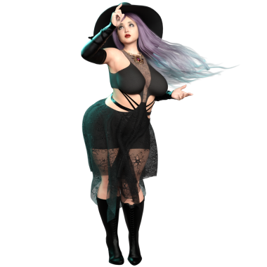 3 boyutlu güzel kavisli gotik cadı mor uzun saçlı ve şeffaf arkaplanda izole edilmiş bir şapka.