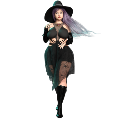 3 boyutlu güzel kavisli gotik cadı mor uzun saçlı ve şeffaf arkaplanda izole edilmiş bir şapka.