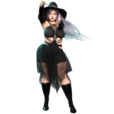 3 boyutlu güzel kavisli gotik cadı mor uzun saçlı ve şeffaf arkaplanda izole edilmiş bir şapka.