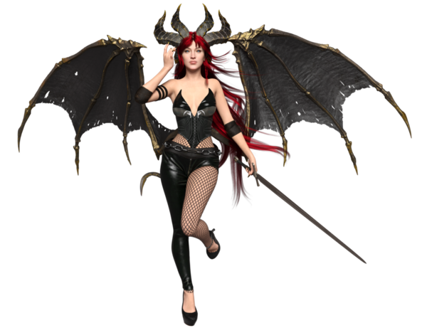 3 boyutlu dişi fantezi succubus, uzun kızıl saçlı ve şeffaf arkaplanda yarasa kanatları var.