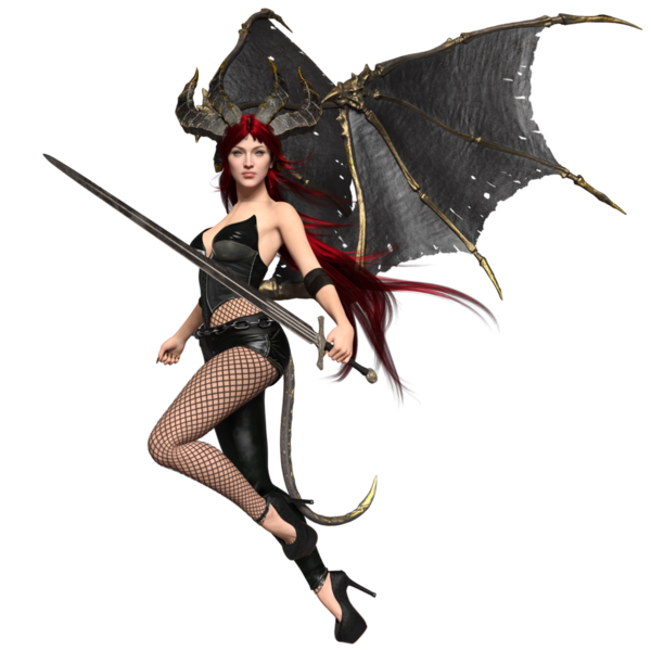 3 boyutlu dişi fantezi succubus, uzun kızıl saçlı ve şeffaf arkaplanda yarasa kanatları var.