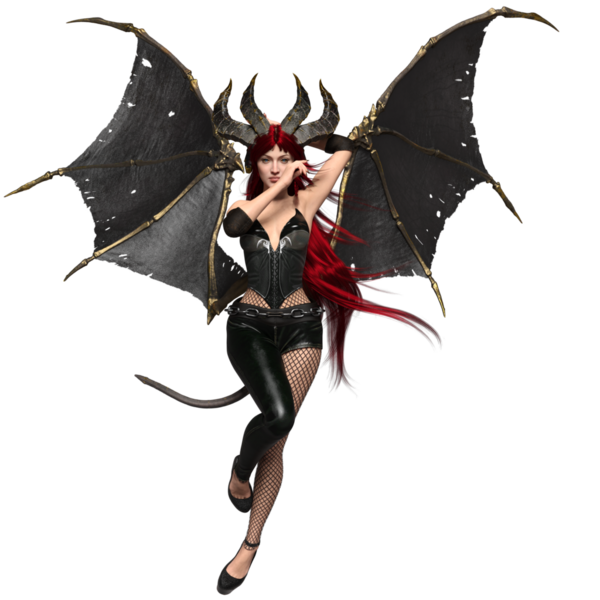 3 boyutlu dişi fantezi succubus, uzun kızıl saçlı ve şeffaf arkaplanda yarasa kanatları var.