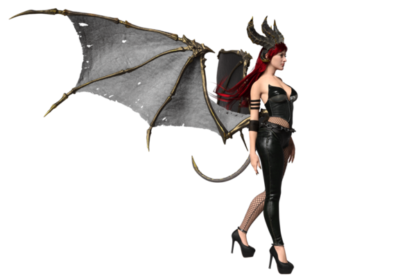 3 boyutlu dişi fantezi succubus, uzun kızıl saçlı ve şeffaf arkaplanda yarasa kanatları var.