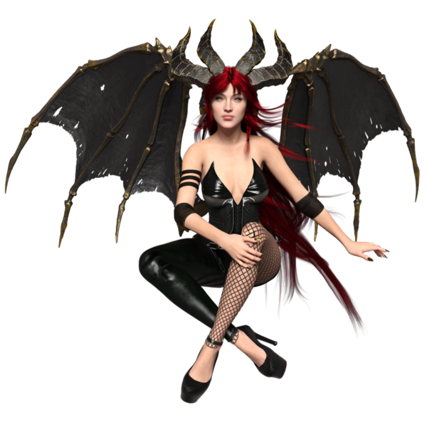 3 boyutlu dişi fantezi succubus, uzun kızıl saçlı ve şeffaf arkaplanda yarasa kanatları var.