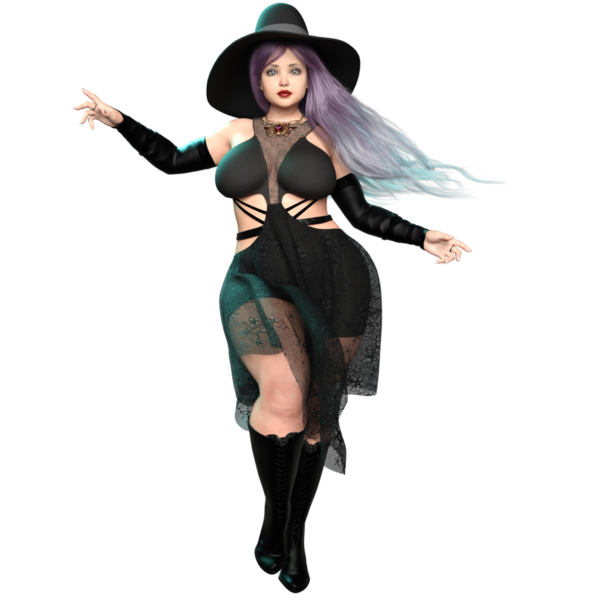 3 boyutlu güzel kavisli gotik cadı mor uzun saçlı ve şeffaf arkaplanda izole edilmiş bir şapka.