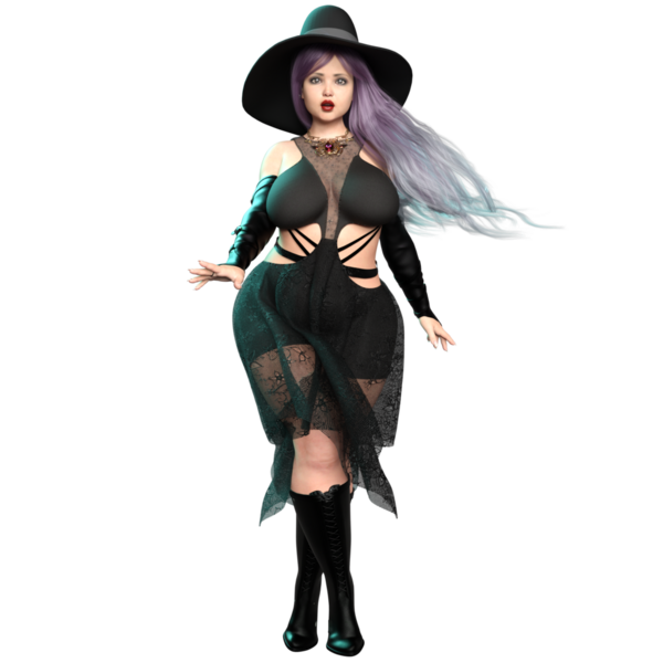 3 boyutlu güzel kavisli gotik cadı mor uzun saçlı ve şeffaf arkaplanda izole edilmiş bir şapka.