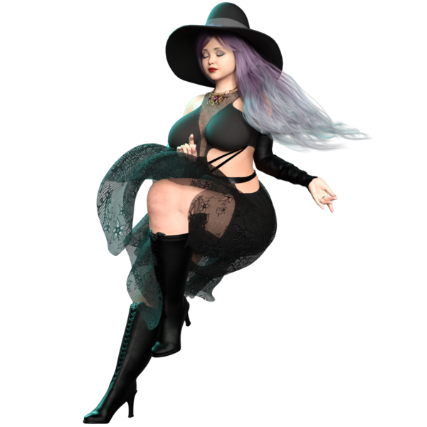 3 boyutlu güzel kavisli gotik cadı mor uzun saçlı ve şeffaf arkaplanda izole edilmiş bir şapka.