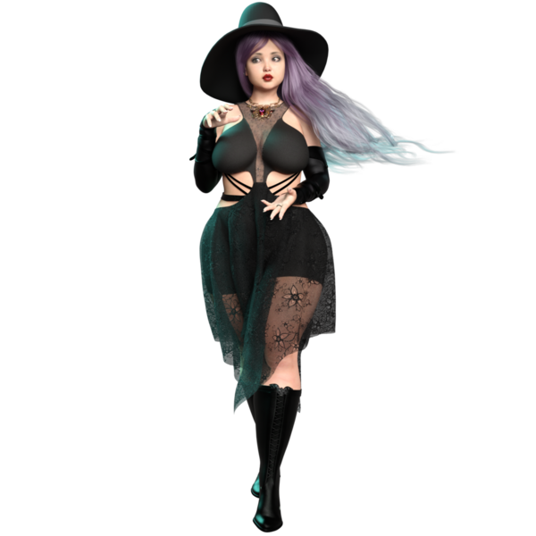 3 boyutlu güzel kavisli gotik cadı mor uzun saçlı ve şeffaf arkaplanda izole edilmiş bir şapka.