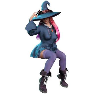 3 boyutlu fantezi kadın karakteri, uzun pembe saçlı, şeffaf arka planda izole edilmiş bir cadı.