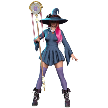 3 boyutlu fantezi kadın karakteri, uzun pembe saçlı, şeffaf arka planda izole edilmiş bir cadı.