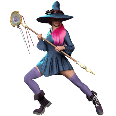 3 boyutlu fantezi kadın karakteri, uzun pembe saçlı, şeffaf arka planda izole edilmiş bir cadı.