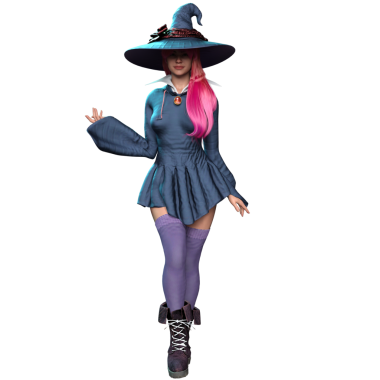 3 boyutlu fantezi kadın karakteri, uzun pembe saçlı, şeffaf arka planda izole edilmiş bir cadı.