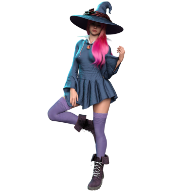 3 boyutlu fantezi kadın karakteri, uzun pembe saçlı, şeffaf arka planda izole edilmiş bir cadı.