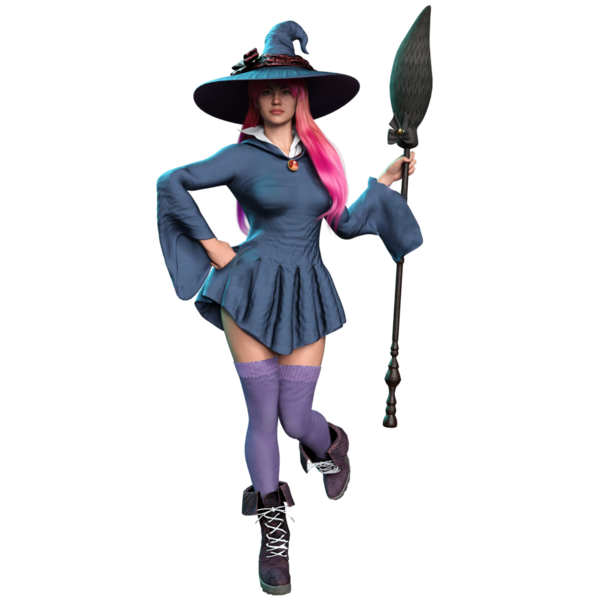 3 boyutlu fantezi kadın karakteri, uzun pembe saçlı, şeffaf arka planda izole edilmiş bir cadı.