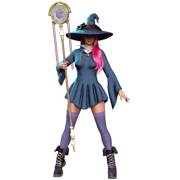 3 boyutlu fantezi kadın karakteri, uzun pembe saçlı, şeffaf arka planda izole edilmiş bir cadı.