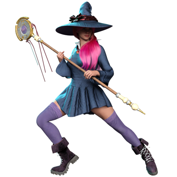 3 boyutlu fantezi kadın karakteri, uzun pembe saçlı, şeffaf arka planda izole edilmiş bir cadı.