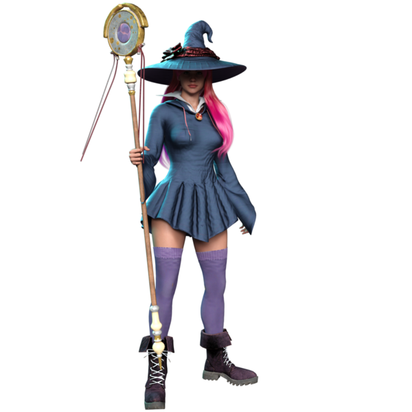 3 boyutlu fantezi kadın karakteri, uzun pembe saçlı, şeffaf arka planda izole edilmiş bir cadı.