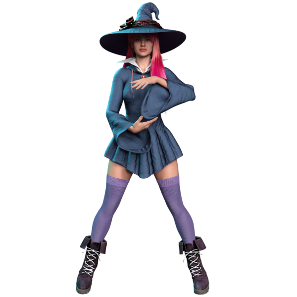 3 boyutlu fantezi kadın karakteri, uzun pembe saçlı, şeffaf arka planda izole edilmiş bir cadı.