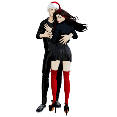 Şeffaf arkaplanda izole edilmiş Noel kıyafetleri içinde 3D karikatür çifti