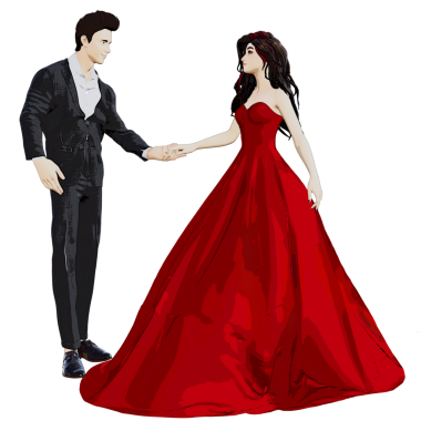 3D karikatür çifti, kırmızı şık elbiseli kadın ve şeffaf arkaplanda izole edilmiş takım elbiseli adam.