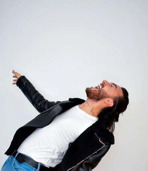Attractive Male Model Leather Jacket Posing Screaming — Stock Photo, Image