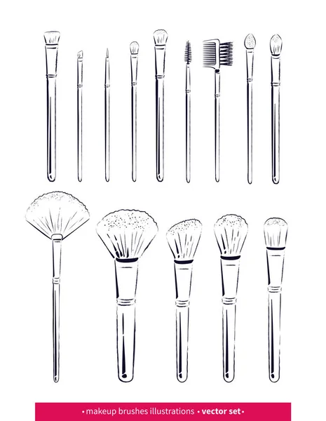 Hand drawn vector set of line art makeup brushes kit Stock Illustration
