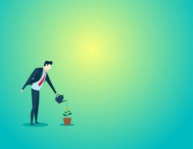 İş adamı illüstrasyon kavramı bitki büyümesini hedef finansman olarak suluyor