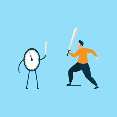 İnsanlar son teslim tarihinin düz vektör illüstrasyonuyla saat kılıcıyla kavga ediyorlar
